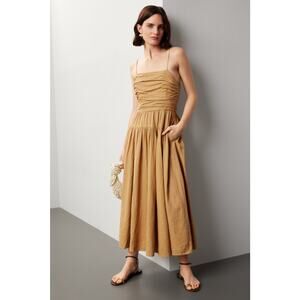 TOCCIN x RTR Brown Khaki Square Neck Ruched Bodice Tie Waist Midi Dress Size 8